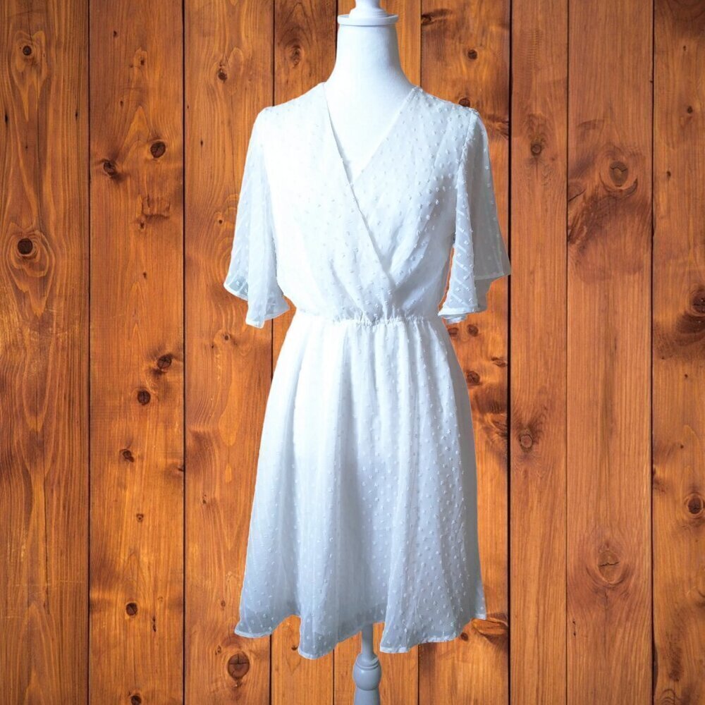 Missky White Swiss Dot Elastic Waist Short Flutter Sleeve Dress Size Small